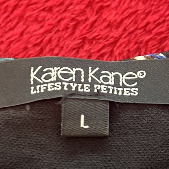 Karen Kane Faux Wrap Flare Dress Blue Jazz Stretch Patterned Large - Picture 6 of 9